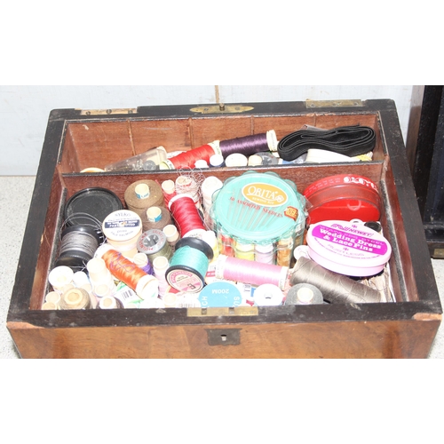 294 - Small painted wooden 12-drawer storage chest (24cm W x 30cm H x 18cm D) and a wooden box with sewing... 