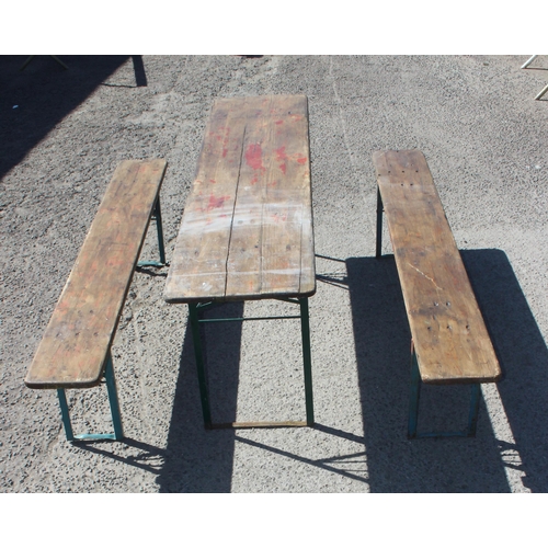 307 - 2 vintage folding wooden and metal benches and a similar table