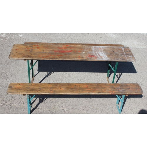 307 - 2 vintage folding wooden and metal benches and a similar table