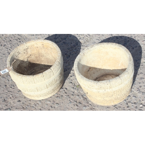 323 - Pair of barrel effect garden plant pots, each approx 27cm in diameter