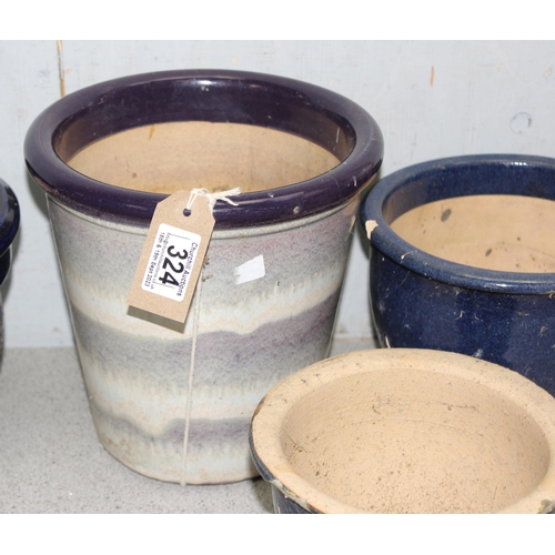 324 - 6 glazed garden pots, largest approx 22cm tall, 28cm diameter