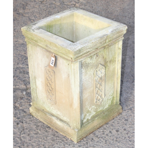 334 - A concrete square garden planter with lattice design, approx 36cm square x 51cm tall