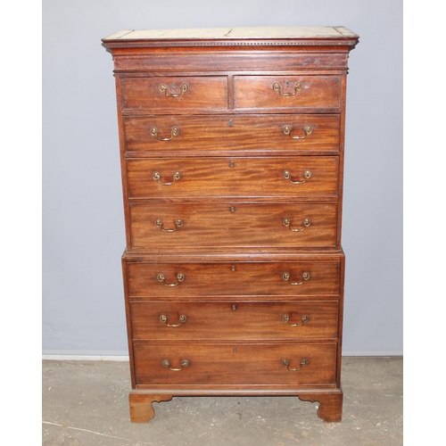 40 - A 19th century mahogany chest on chest, 2 over 7 drawers with brass drop handles and bracket feet, a... 