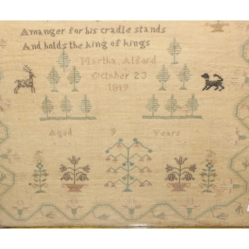 400 - A George III period needlework sampler depicting a religious verse, animals and flora, worked by Mar... 