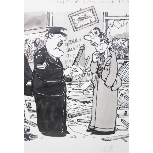 410 - Ed McLachlan (b.1940), an original ink and wash cartoon in frame, satire of school violence, 