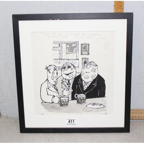 411 - Ed McLachlan (b.1940), an original ink and wash cartoon in frame, satire of school violence, 