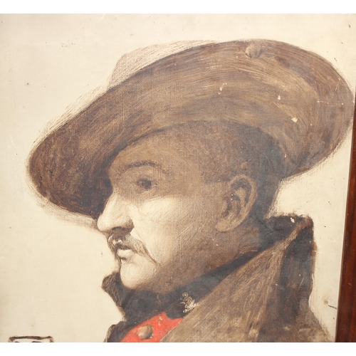 412 - An early 20th century oil on canvas of a Boer War period soldier in slouch hat, signed WD, on Rowney... 