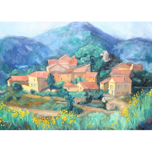 413 - A vintage impressionist style oil on canvas painting of an Italian village in the mountains, initial... 