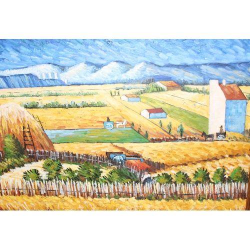 415 - An unusual colourful naïve folk art oil on board painting of a farm at harvest time, indistinctly si... 