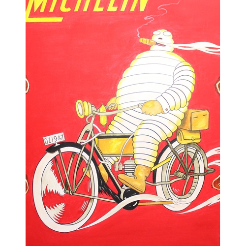 427 - Oil on canvas reproduction advertising picture of Michelin Motorcycle Tyres, approx 91cm x 60cm