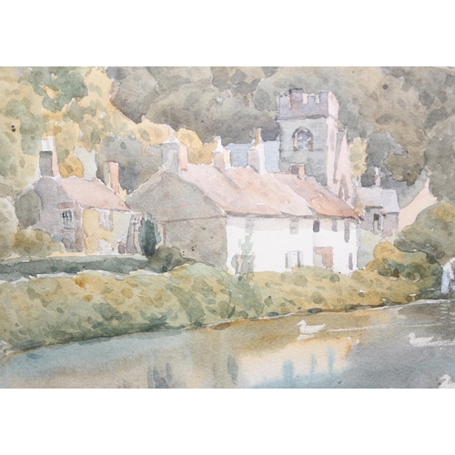 435 - Antique watercolour of a river scene signed William Mansfield 1912, approx 68cm x 50cm