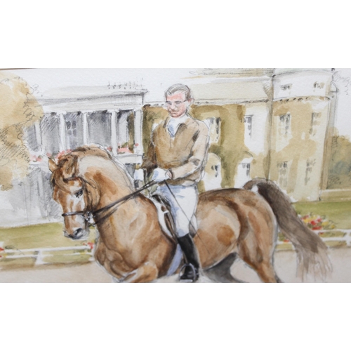 445 - Susie Whitcombe (born 1957), watercolour portrait of Dr Reiner Klimke at Goodwood 1981 on dressage h... 