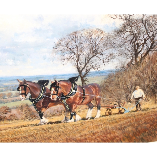 446 - Air Vice Marshal Norman Hoad (1923-2014), Shire horses ploughing a field, oil on board, approx 60cm ... 