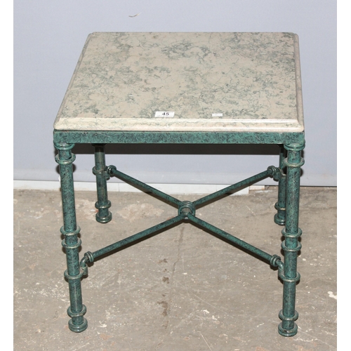 45 - Marble topped side table with distressed metal base, approx 51cm square x 54cm tall