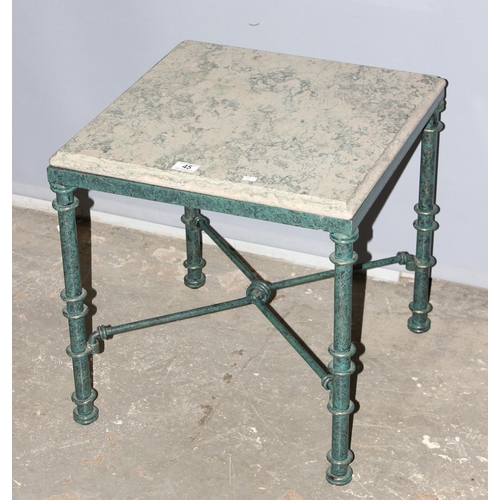 45 - Marble topped side table with distressed metal base, approx 51cm square x 54cm tall