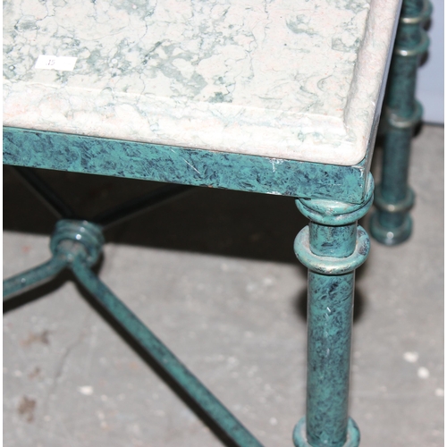 45 - Marble topped side table with distressed metal base, approx 51cm square x 54cm tall