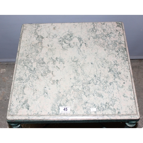 45 - Marble topped side table with distressed metal base, approx 51cm square x 54cm tall