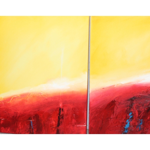 452 - 4 abstract oil on canvas paintings with blazing sun/fire style design, all indistinctly signed on th... 