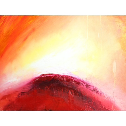 452 - 4 abstract oil on canvas paintings with blazing sun/fire style design, all indistinctly signed on th... 