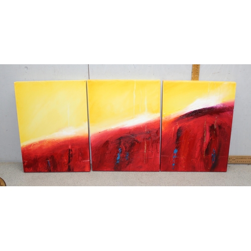 452 - 4 abstract oil on canvas paintings with blazing sun/fire style design, all indistinctly signed on th... 