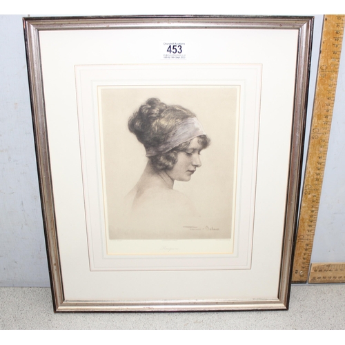 453 - Framed photogravure print of a female after Hermann Fenner-Behmer titled 'Rouquine', and two illustr... 