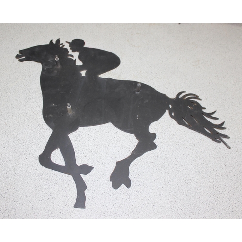 454 - Two “wall art” large laser cut metal galloping race horses with jockeys approx 54cm x 44cm