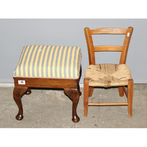 46 - A vintage stool and a rush seated child's chair (2)