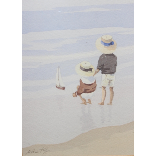 483 - Pair of simplistic watercolours of children on the beach both signed M Grant to bottom left