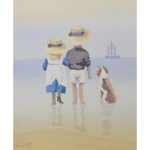 483 - Pair of simplistic watercolours of children on the beach both signed M Grant to bottom left