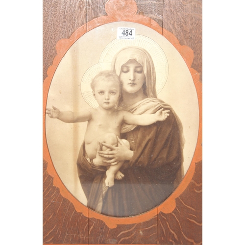 484 - Black and white print in vintage oak frame of virgin and child approx 49cm x 60cm