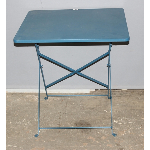 49 - Blue painted metal folding table, approx 70cm wide x 70cm deep x 70cm tall