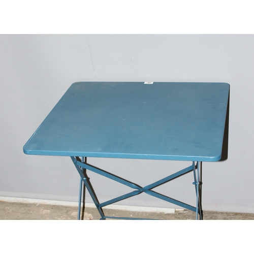 49 - Blue painted metal folding table, approx 70cm wide x 70cm deep x 70cm tall