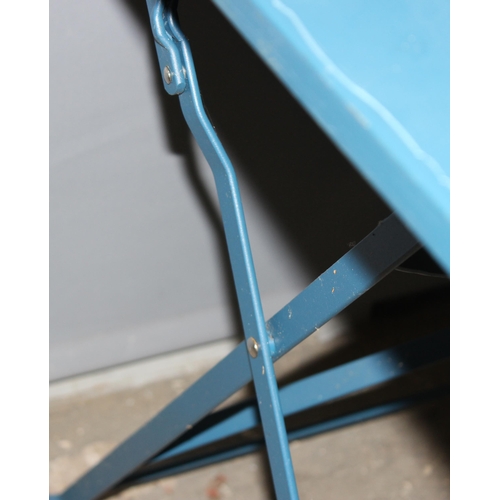 49 - Blue painted metal folding table, approx 70cm wide x 70cm deep x 70cm tall