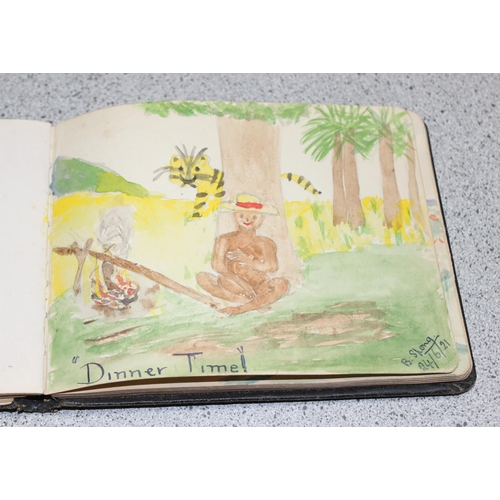 500 - An early 20th century autograph book with many interesting drawings and an antique leather bound Pol... 