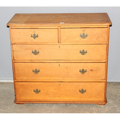 52 - A Victorian pine 2 over 3 chest of drawers with brass handles, approx 105cm wide x 49cm deep x 92cm ... 