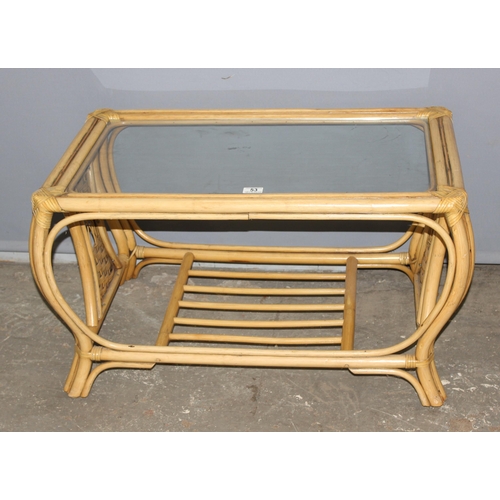 53 - Retro glass topped bamboo coffee table, approx 84cm wide x 52cm deep x 47cm tall