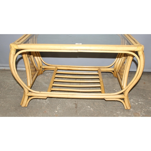 53 - Retro glass topped bamboo coffee table, approx 84cm wide x 52cm deep x 47cm tall