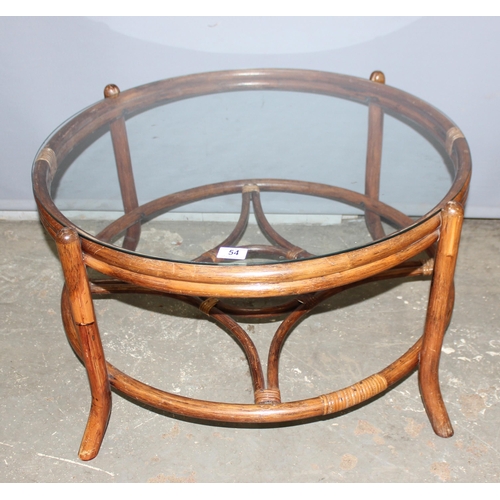 54 - Retro glass topped round bamboo coffee table, approx 79cm wide x 79cm deep x 46cm tall