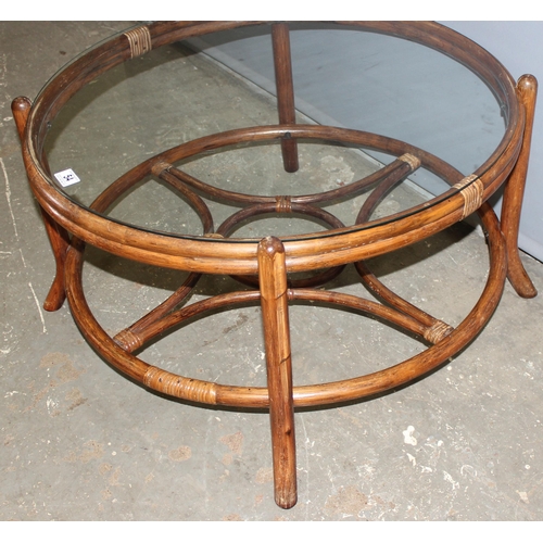 54 - Retro glass topped round bamboo coffee table, approx 79cm wide x 79cm deep x 46cm tall