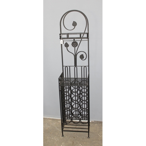 58 - Wrought iron tall wine rack with shelf approx 37cm x 32cm x 169cm