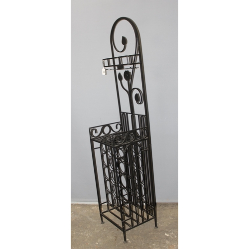 58 - Wrought iron tall wine rack with shelf approx 37cm x 32cm x 169cm