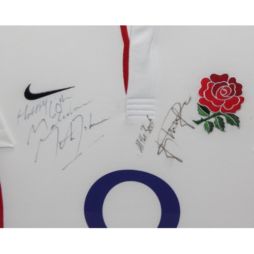 709 - Large framed and mounted vintage England Nike rugby union home short sleeve shirt/jersey with two te... 