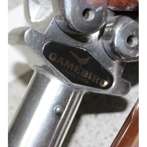 710 - Two vintage aluminium leather seated adjustable shooting sticks - one made by Gamebird the other by ... 