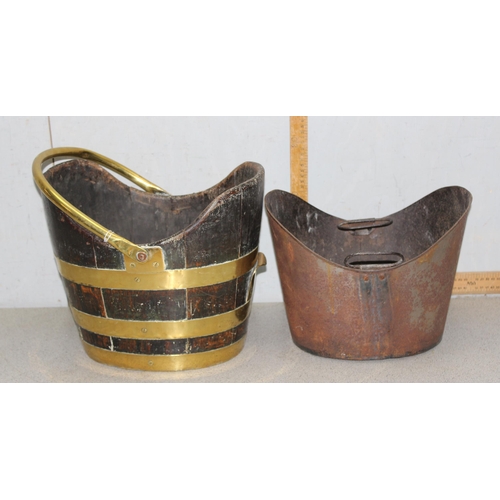 290 - Georgian style brass coopered peat bucket with handle and later liner, likely 19th century, approx 3... 