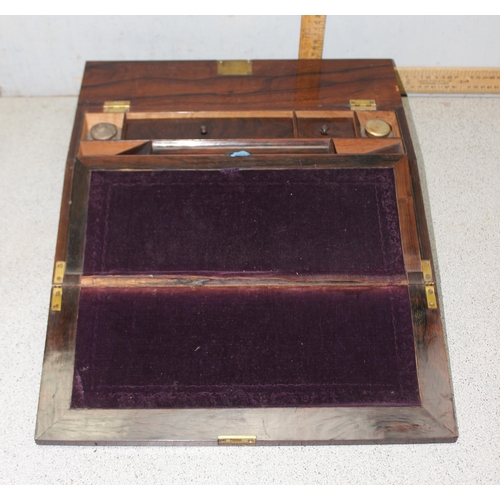 291 - Antique rosewood & Birdseye maple inlayed writing slope with purple writing baize, approx. size 40cm... 