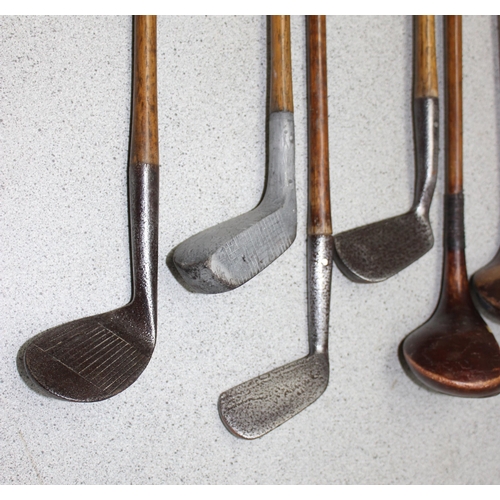 711 - Qty of antique hickory shafted golf clubs to incl Crescent, Ernest Hooker Yelverton (8)