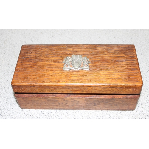 1451 - A vintage oak cigarette box with Westminster Dragoons military cypher to top, approx 18cm wide