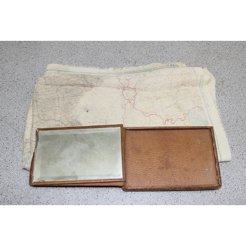 1454 - A 1943 dated WW2 silk escape map of Belgium & Germany and a leather covered folding mirror (2)