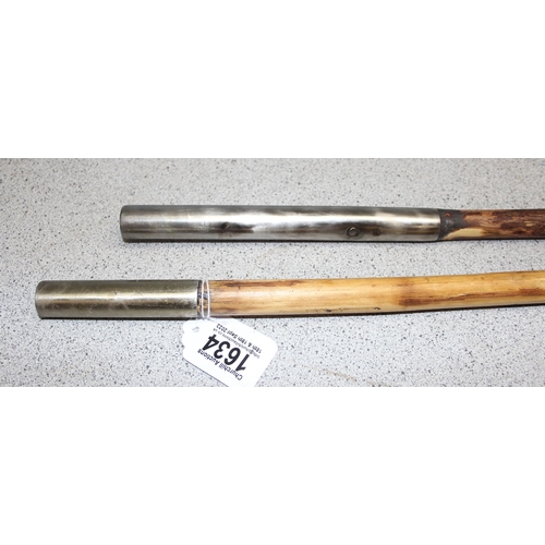 1634 - 2 hazel walking staffs with stainless steel spigots, longest is 125cm