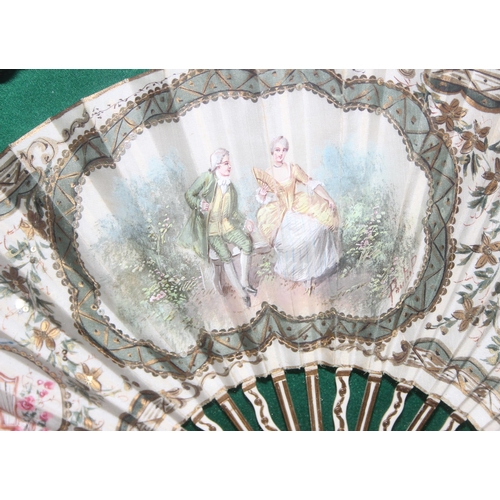 1639 - An antique hand fan with hand painted with fabric leaves, possibly silk with hand painted scene of R... 